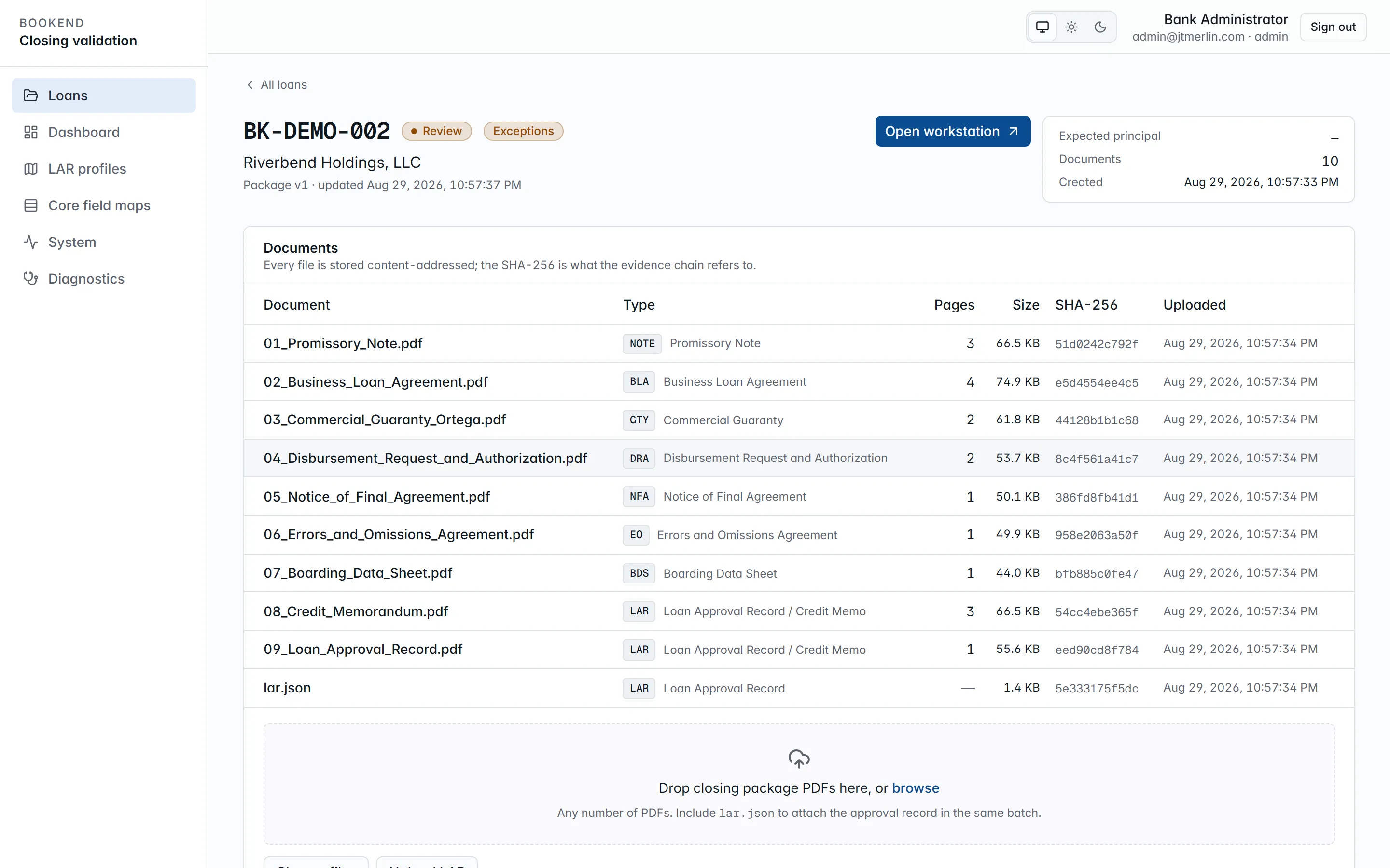 A loan in Bookend with its documents classified, extracted values carrying provenance chips, three reconciliation findings and the evidence chain.