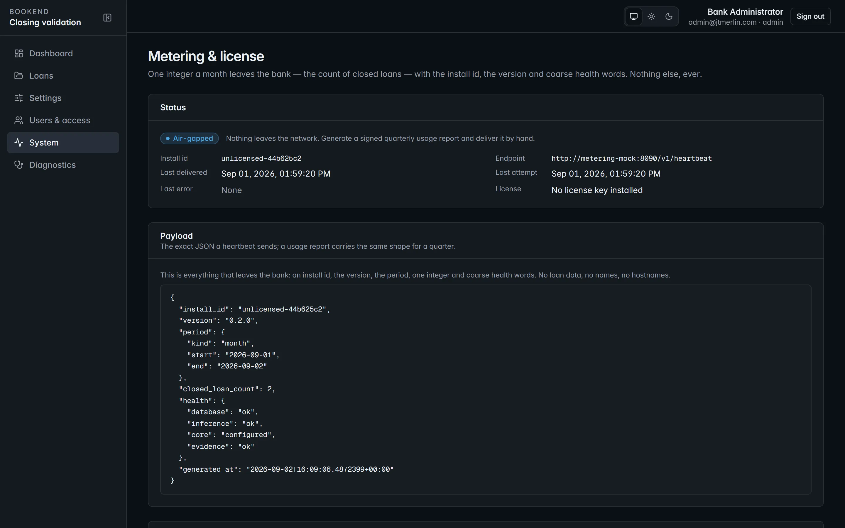 The Bookend metering screen showing the exact heartbeat payload (install id, version, period, closed loan count, document page count, health and license key) and the delivery history.