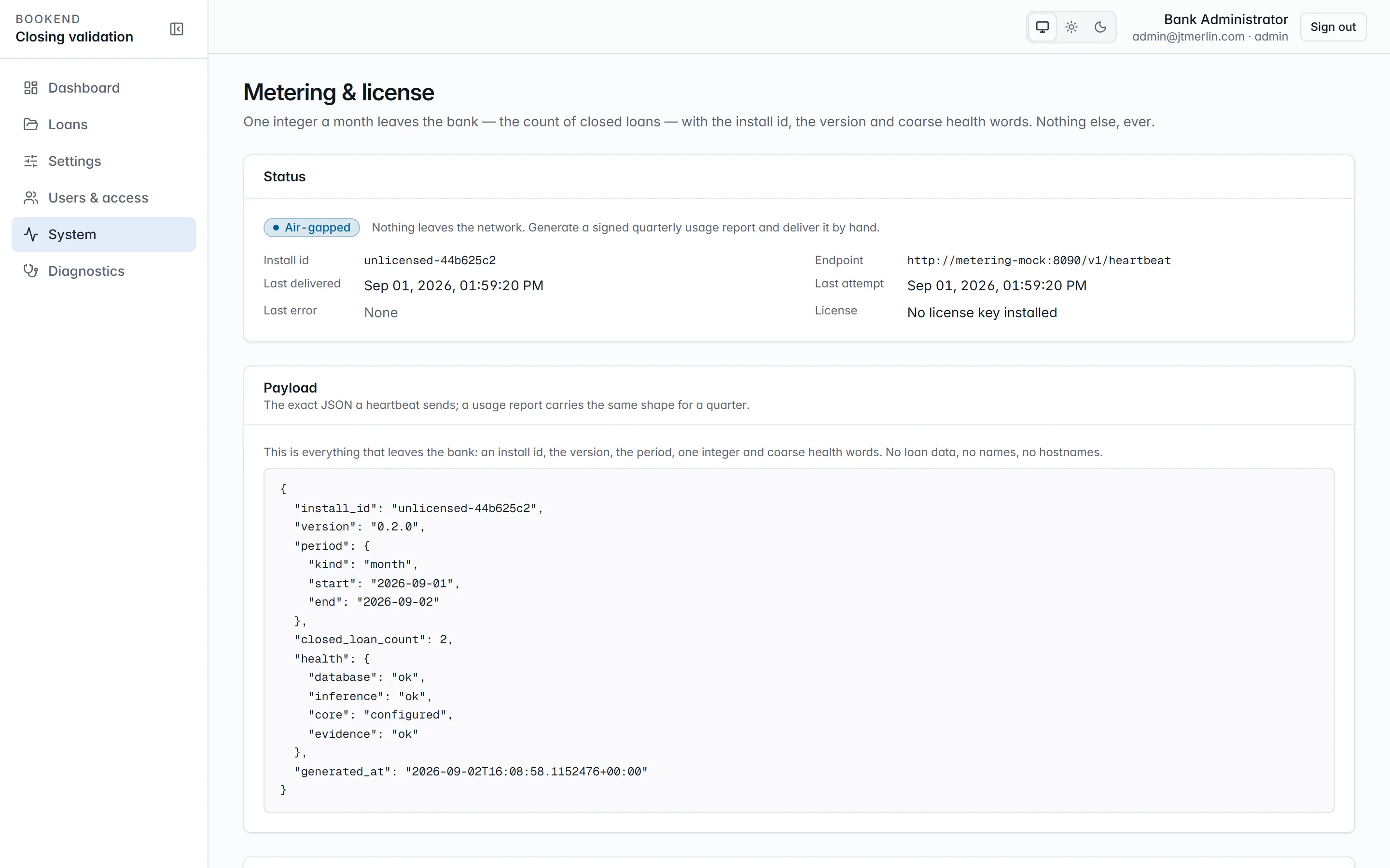 The Bookend metering screen showing the exact heartbeat payload (install id, version, period, closed loan count, document page count, health and license key) and the delivery history.