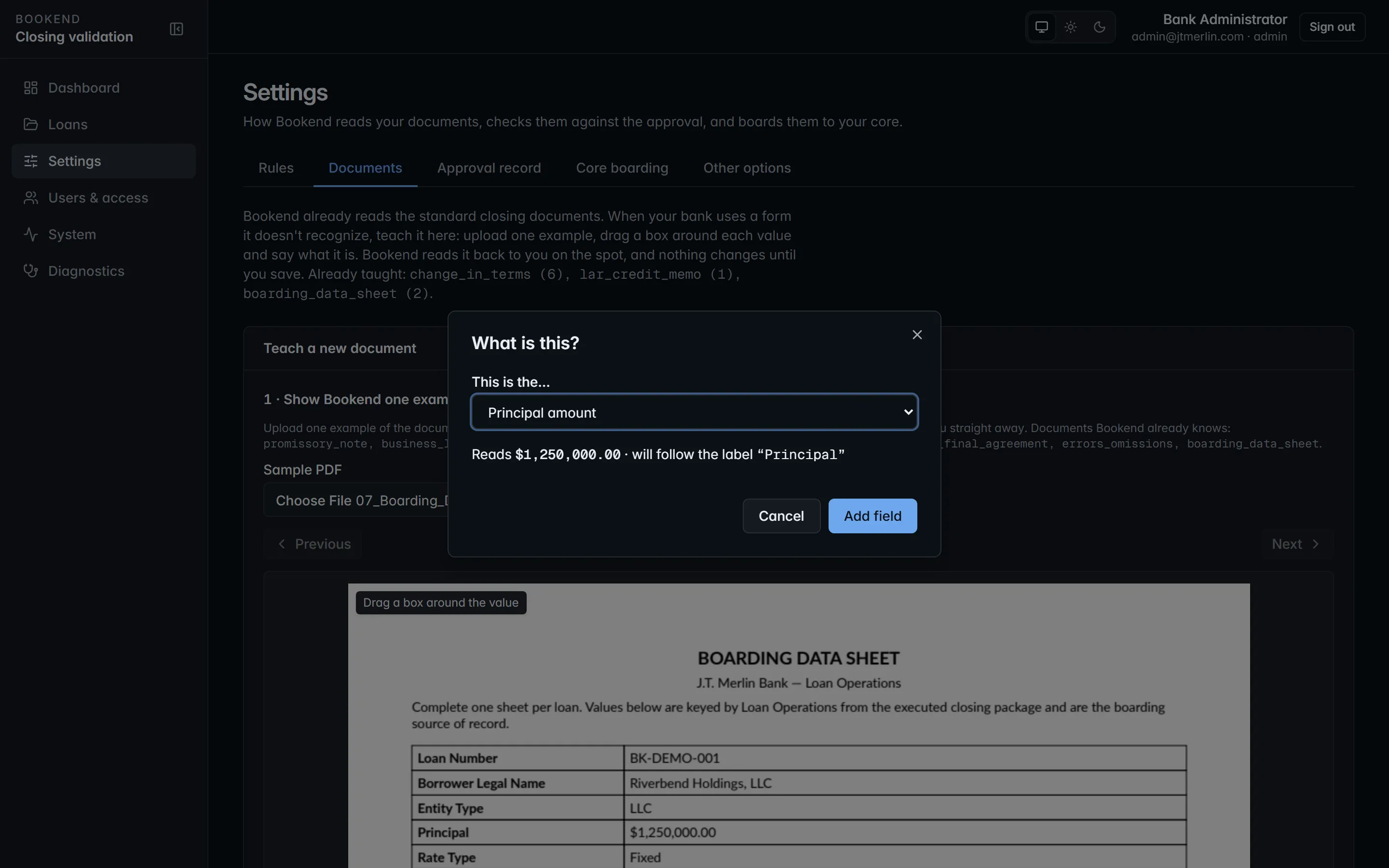 Settings → Documents: a boarding data sheet with a box drawn around the principal amount, and Bookend reading it back as $1,250,000.00 anchored to the printed label “Principal”.