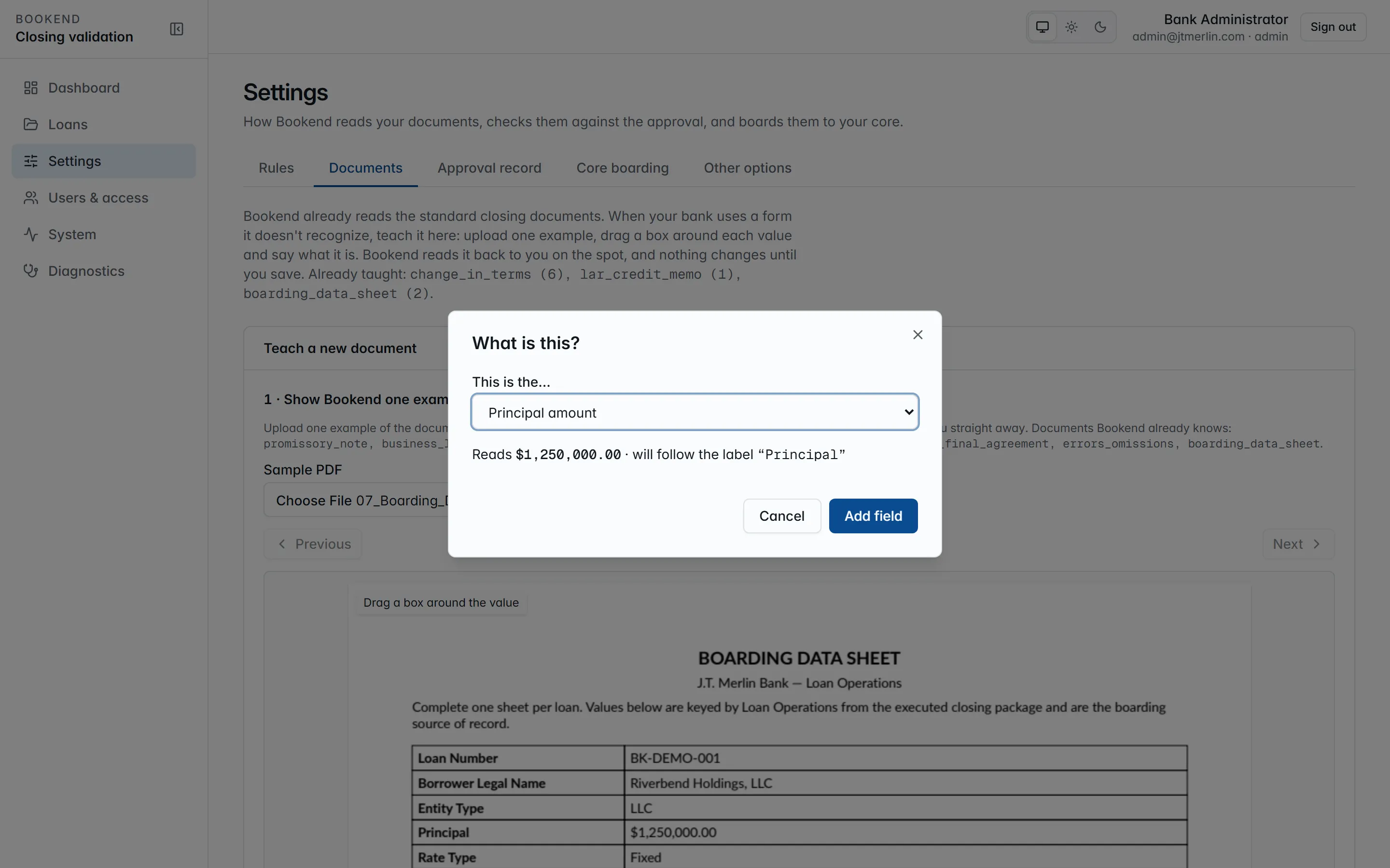 Settings → Documents: a boarding data sheet with a box drawn around the principal amount, and Bookend reading it back as $1,250,000.00 anchored to the printed label “Principal”.
