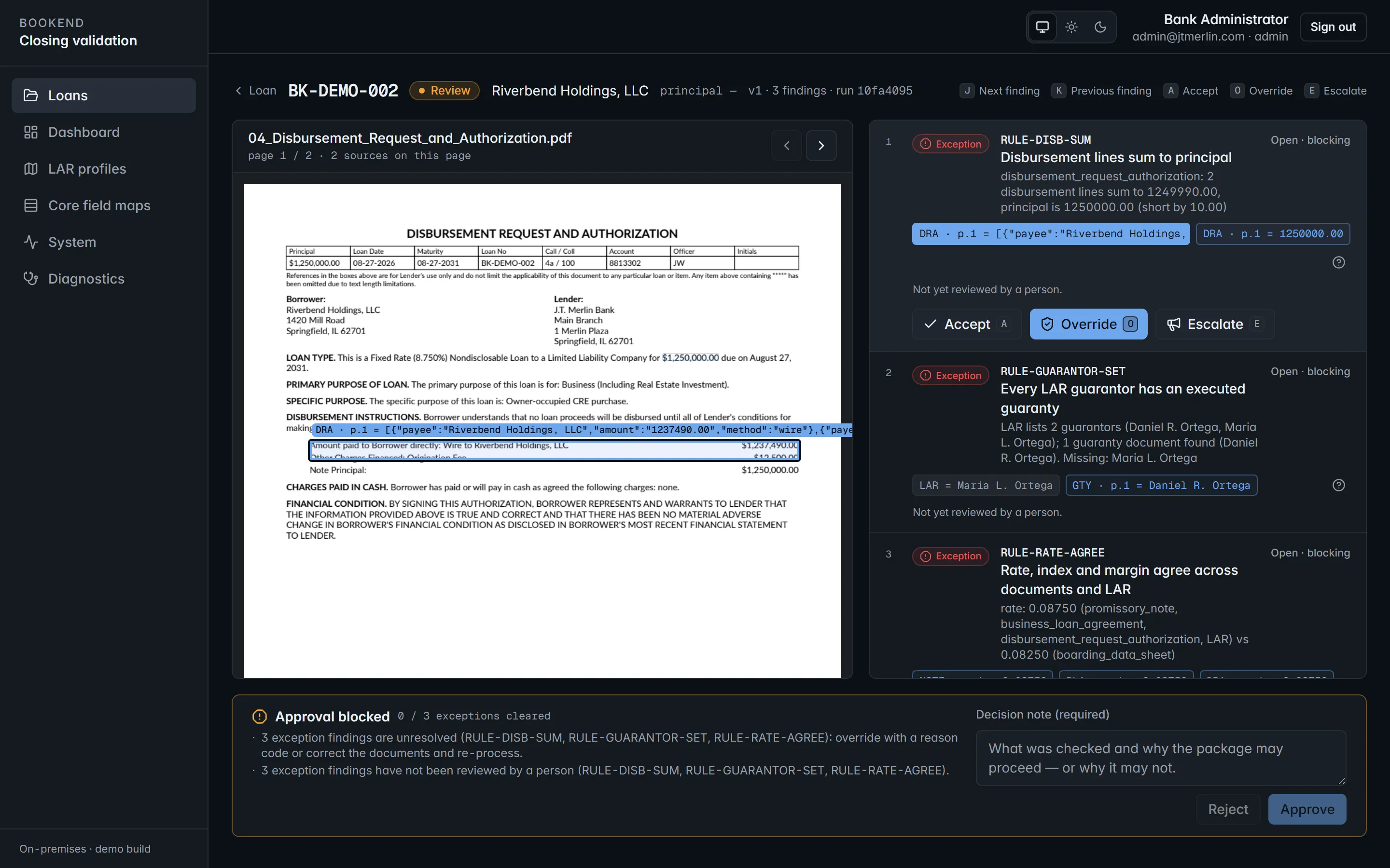 The Bookend review workstation: a finding about a rate disagreement between the note and the loan agreement, with the source page open and the exact line highlighted.