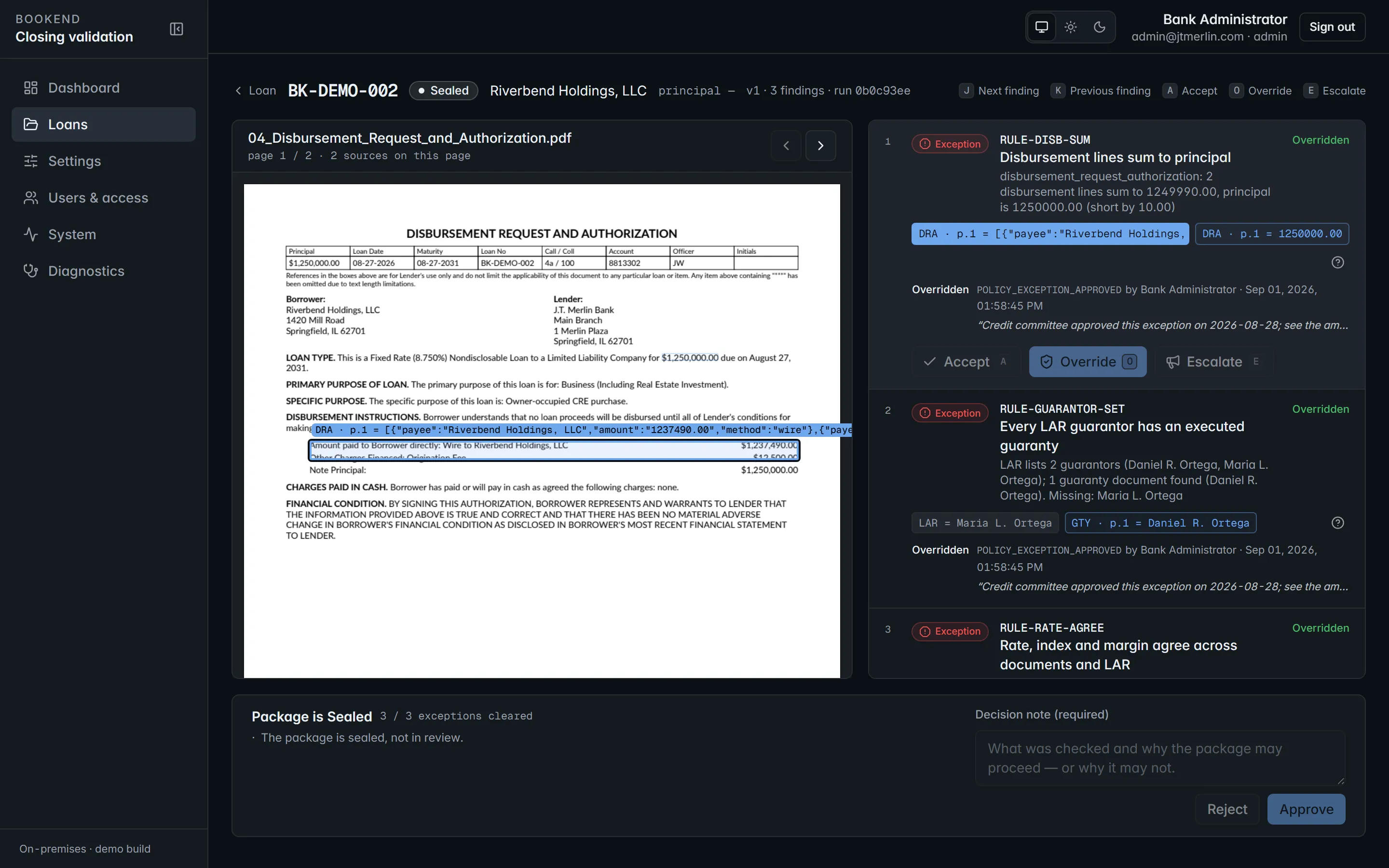 The Bookend review workstation: a finding about a rate disagreement between the note and the loan agreement, with the source page open and the exact line highlighted.
