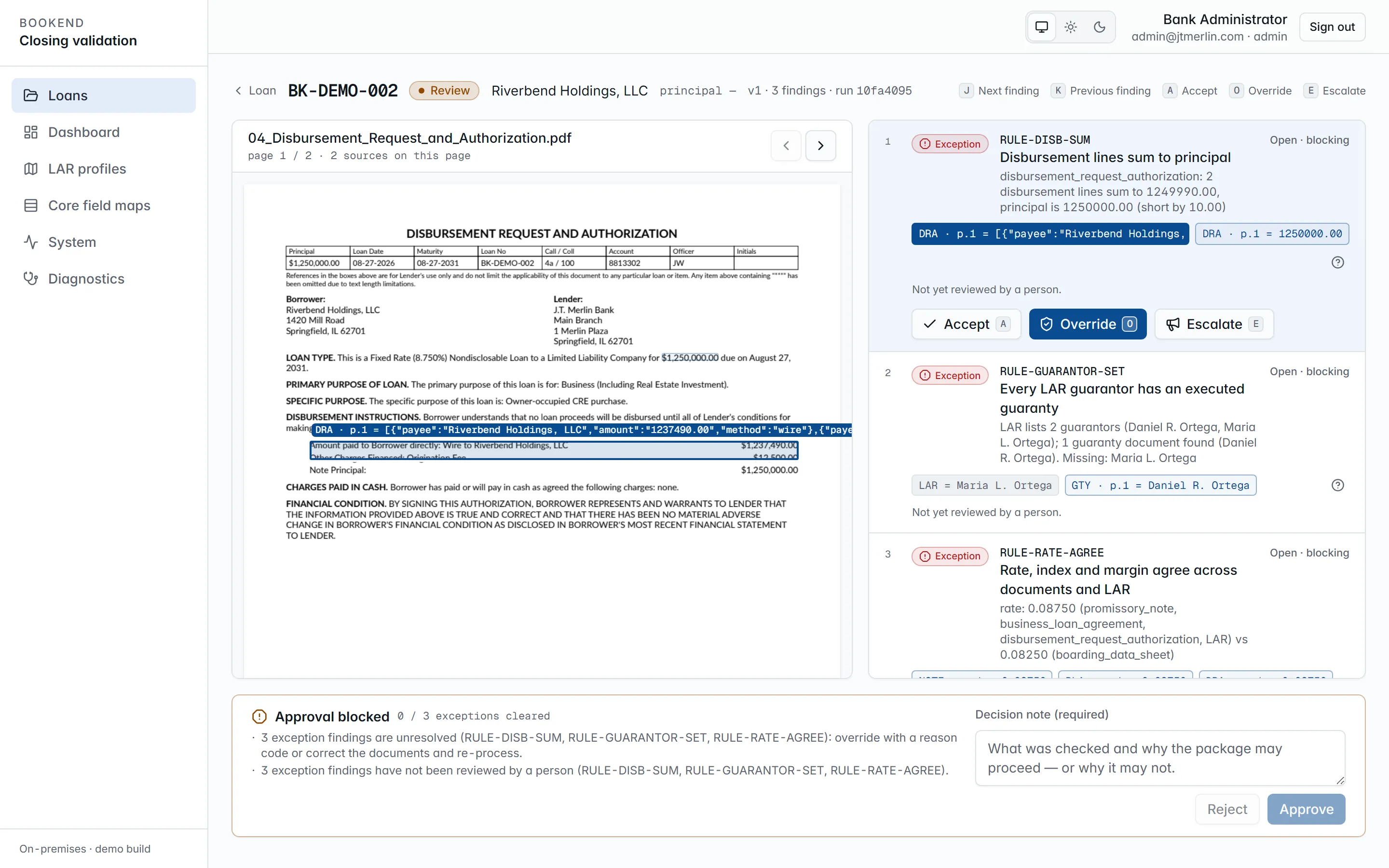 The Bookend review workstation: a finding about a rate disagreement between the note and the loan agreement, with the source page open and the exact line highlighted.