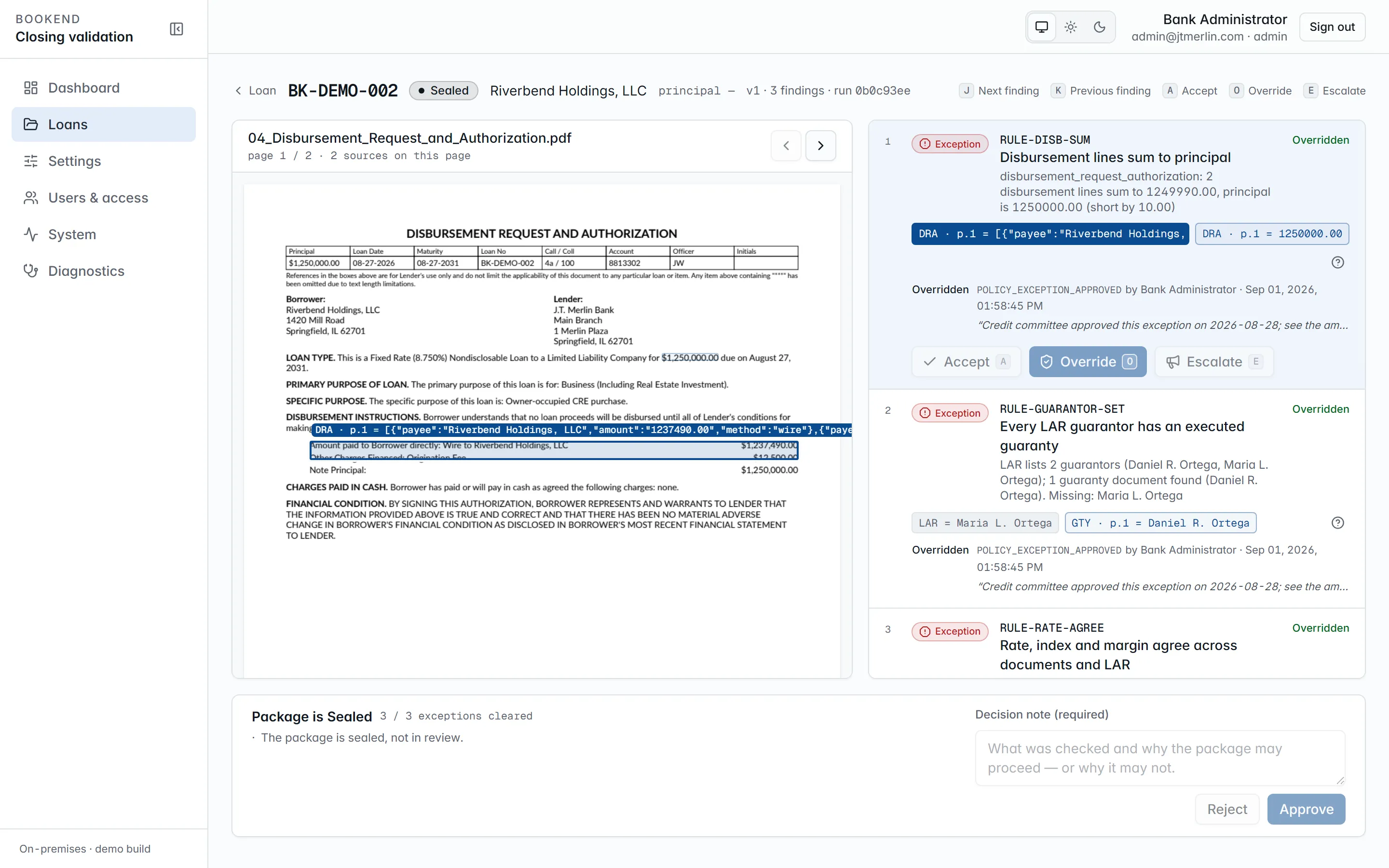 The Bookend review workstation: a finding about a rate disagreement between the note and the loan agreement, with the source page open and the exact line highlighted.